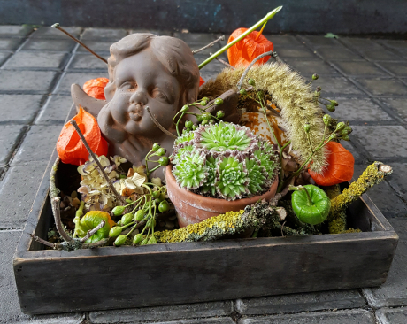 Herbstdekoration in Holzkiste mit Engel