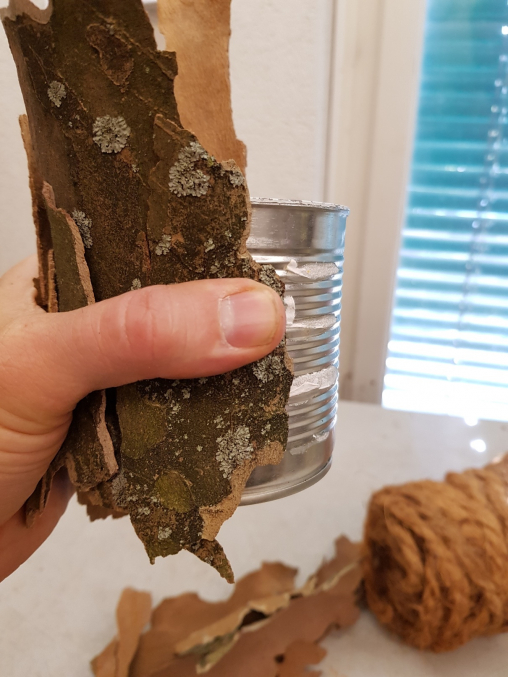 Die Rinde wird Schritt für Schritt auf die Blechdose gelegt